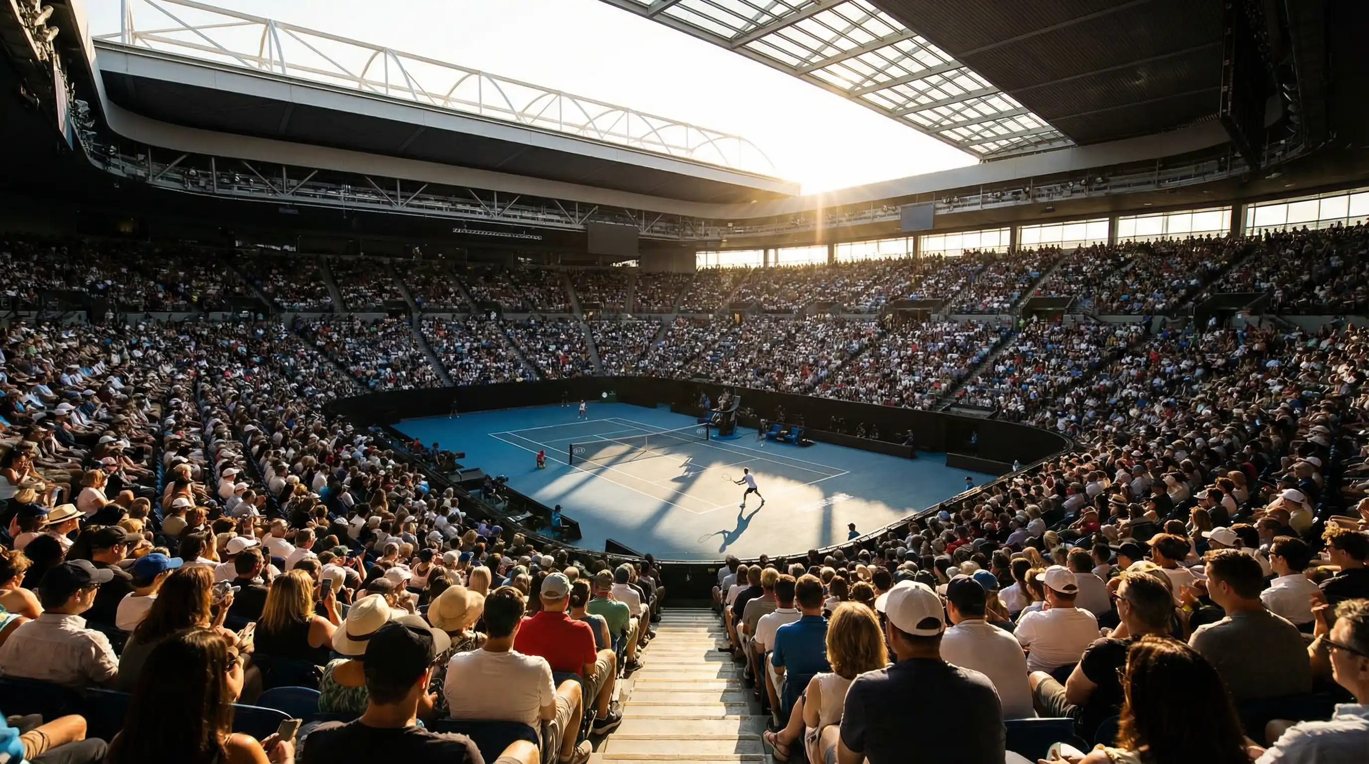 Tifosi che seguono un match di tennis in diretta su un grande schermo in uno stadio