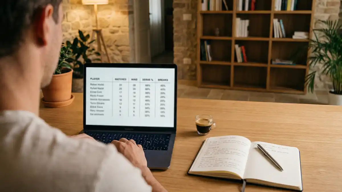 Analista che studia statistiche di tennis su un laptop con appunti e dati sul tavolo